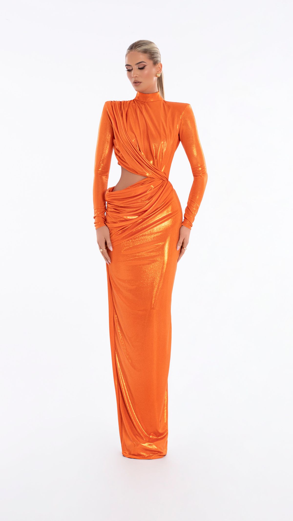 Style AD6009 Albina Dyla Size XL Pageant Long Sleeve Orange Floor Length Maxi on Queenly