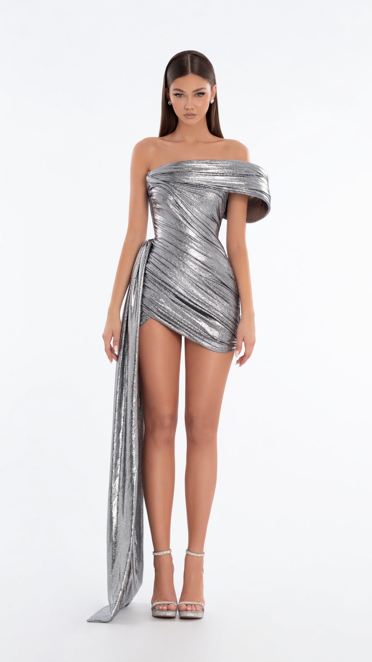 Style AD6108 Albina Dyla Size L Silver Cocktail Dress on Queenly