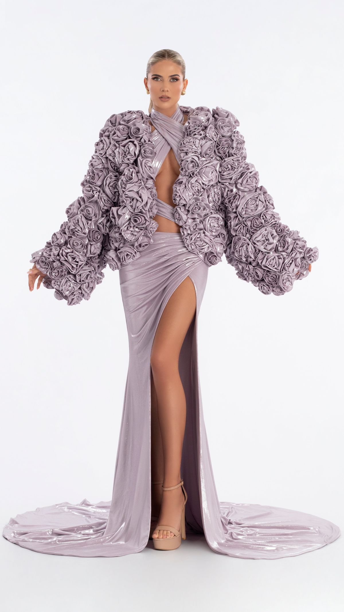 Style AD6014 Albina Dyla Size M Pageant Long Sleeve Floral Purple Side Slit Dress on Queenly