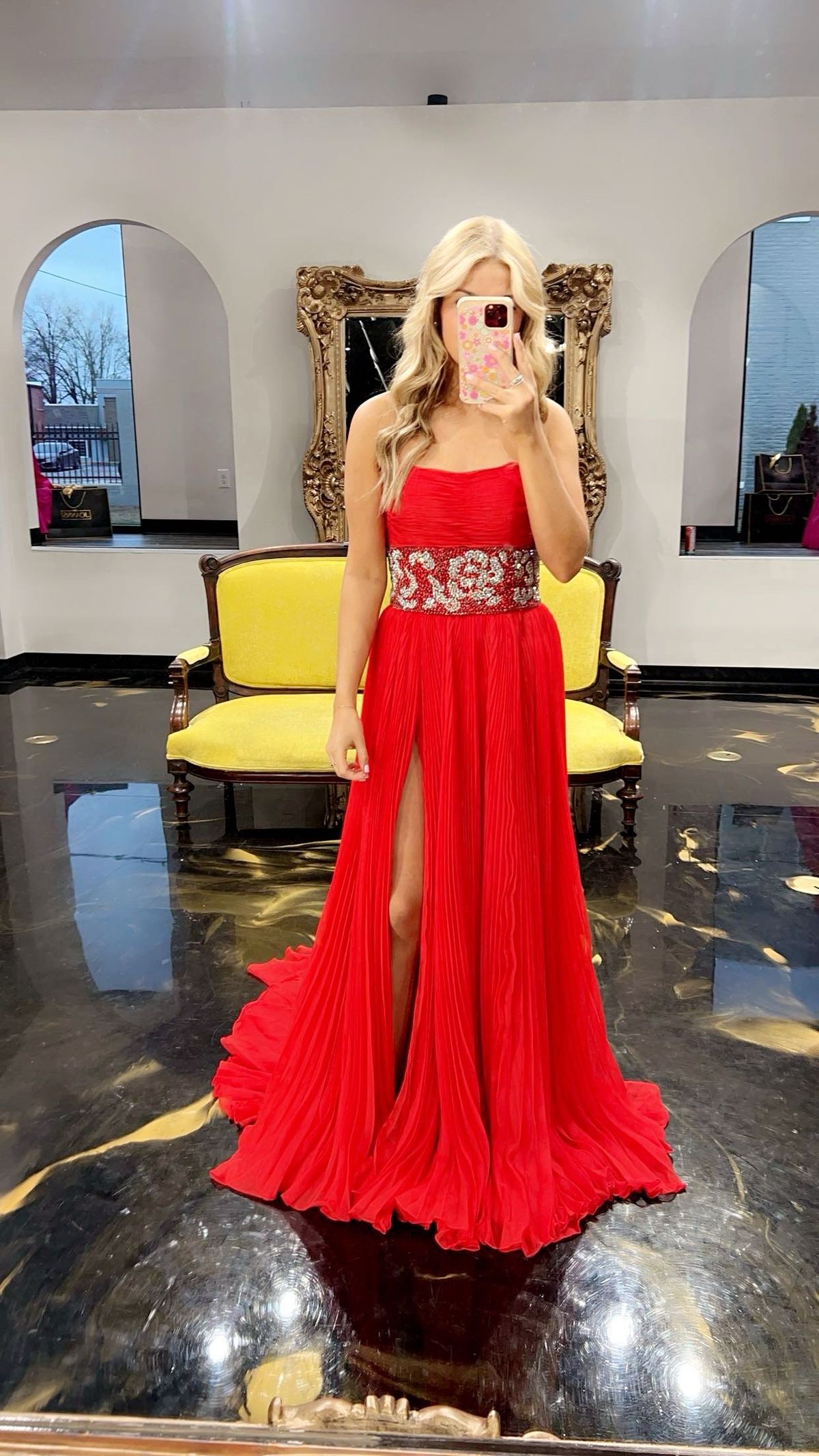 Style 55753 Sherri Hill Size 6 Strapless Red Side Slit Dress on Queenly