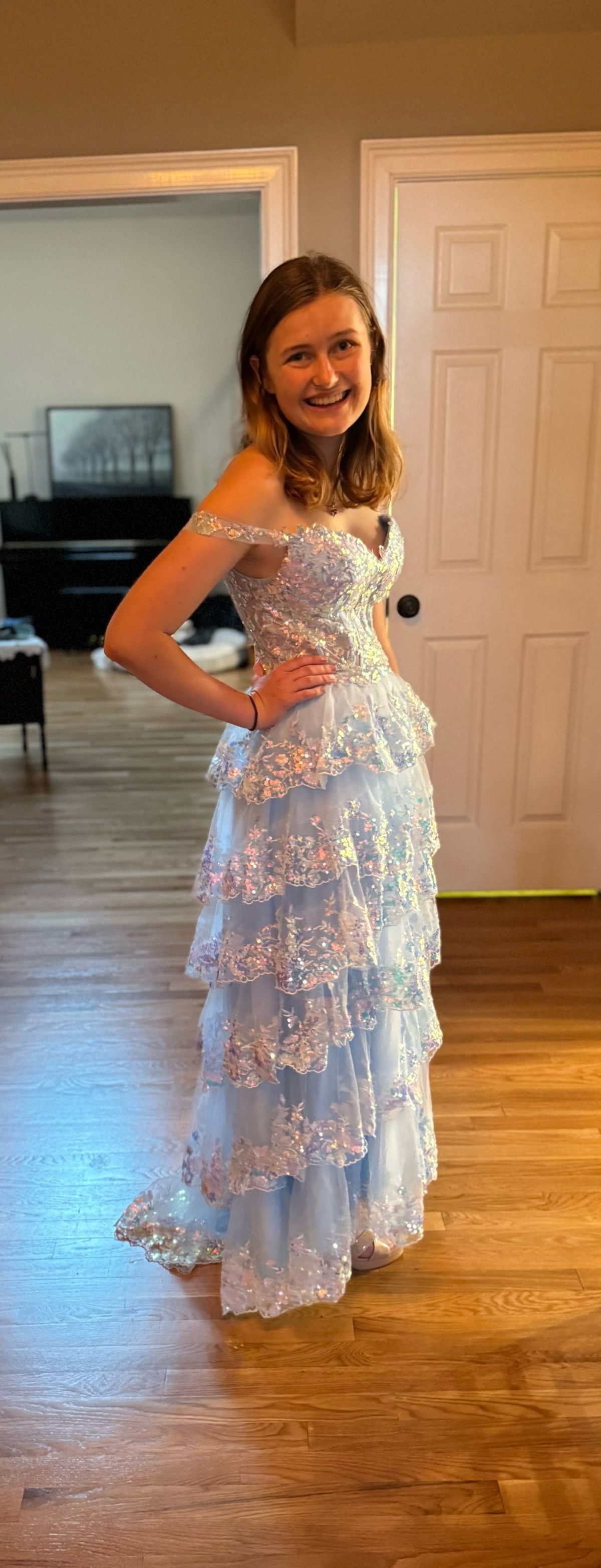 Size 2 Prom Off The Shoulder Sheer Light Blue Ball Gown on Queenly