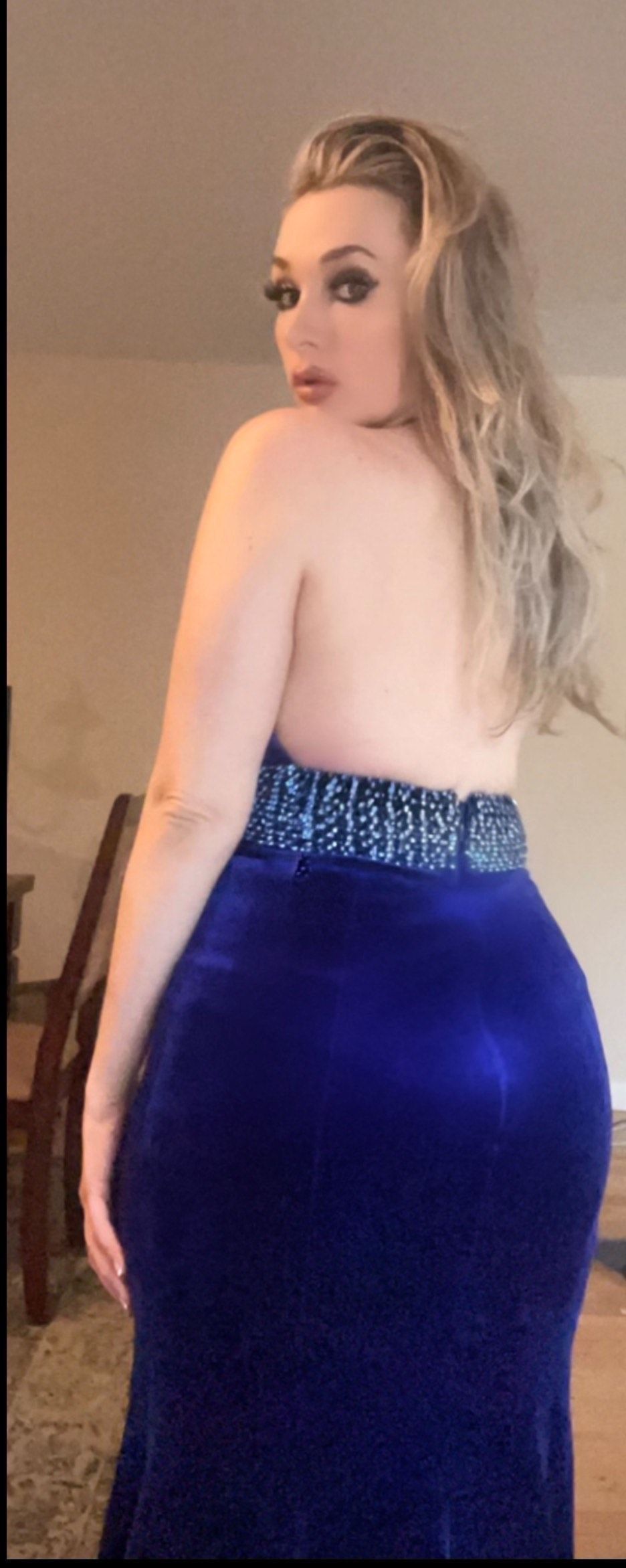 Jovani Size 6 Bridesmaid Halter Velvet Royal Blue Side Slit Dress on Queenly