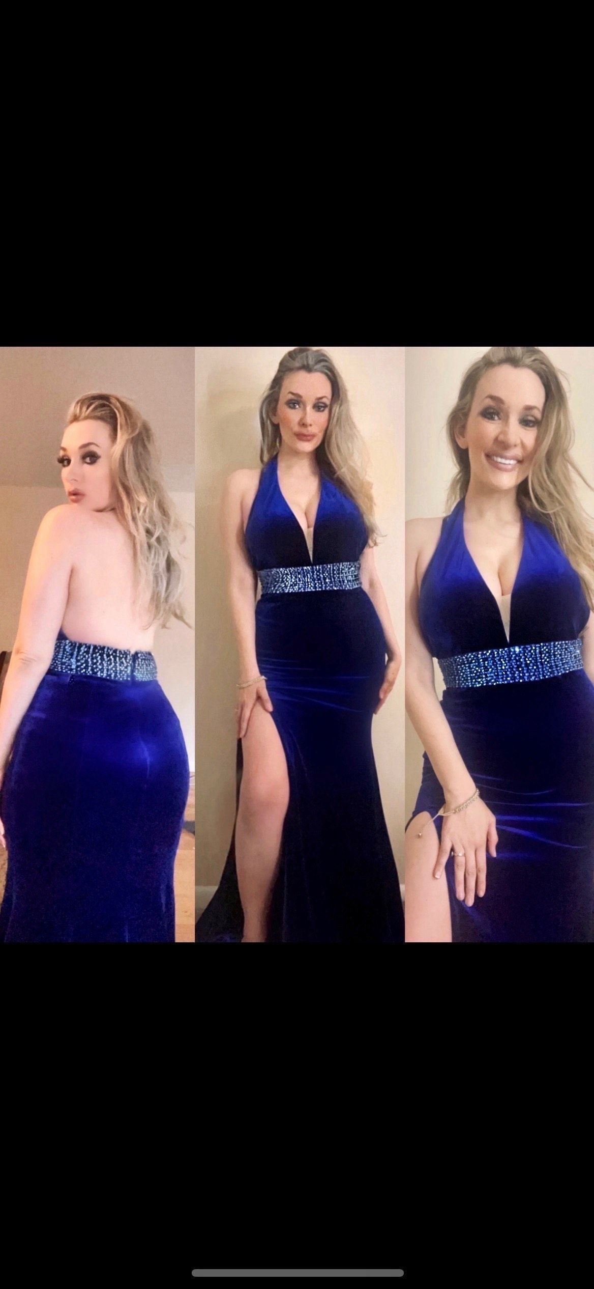 Jovani Size 6 Bridesmaid Halter Velvet Royal Blue Side Slit Dress on Queenly