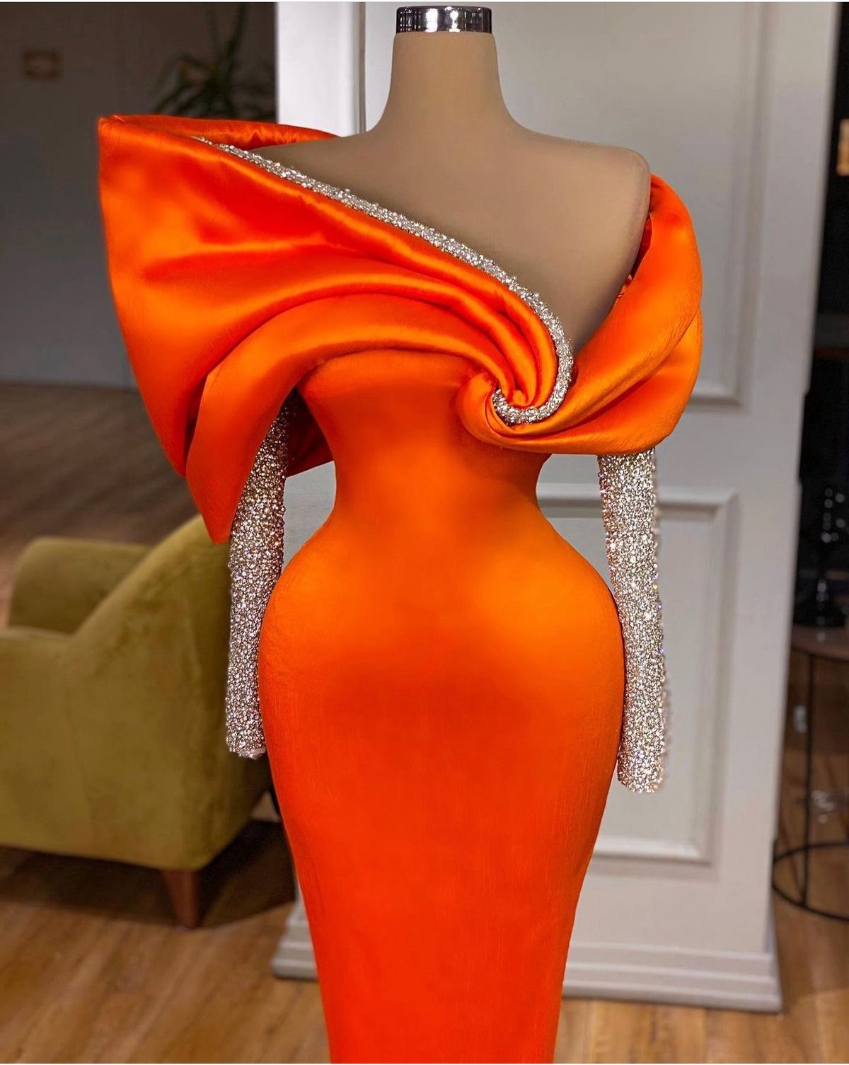 Valdrin Sahiti Size 4 Prom Long Sleeve Sequined Orange Mermaid Dress on Queenly