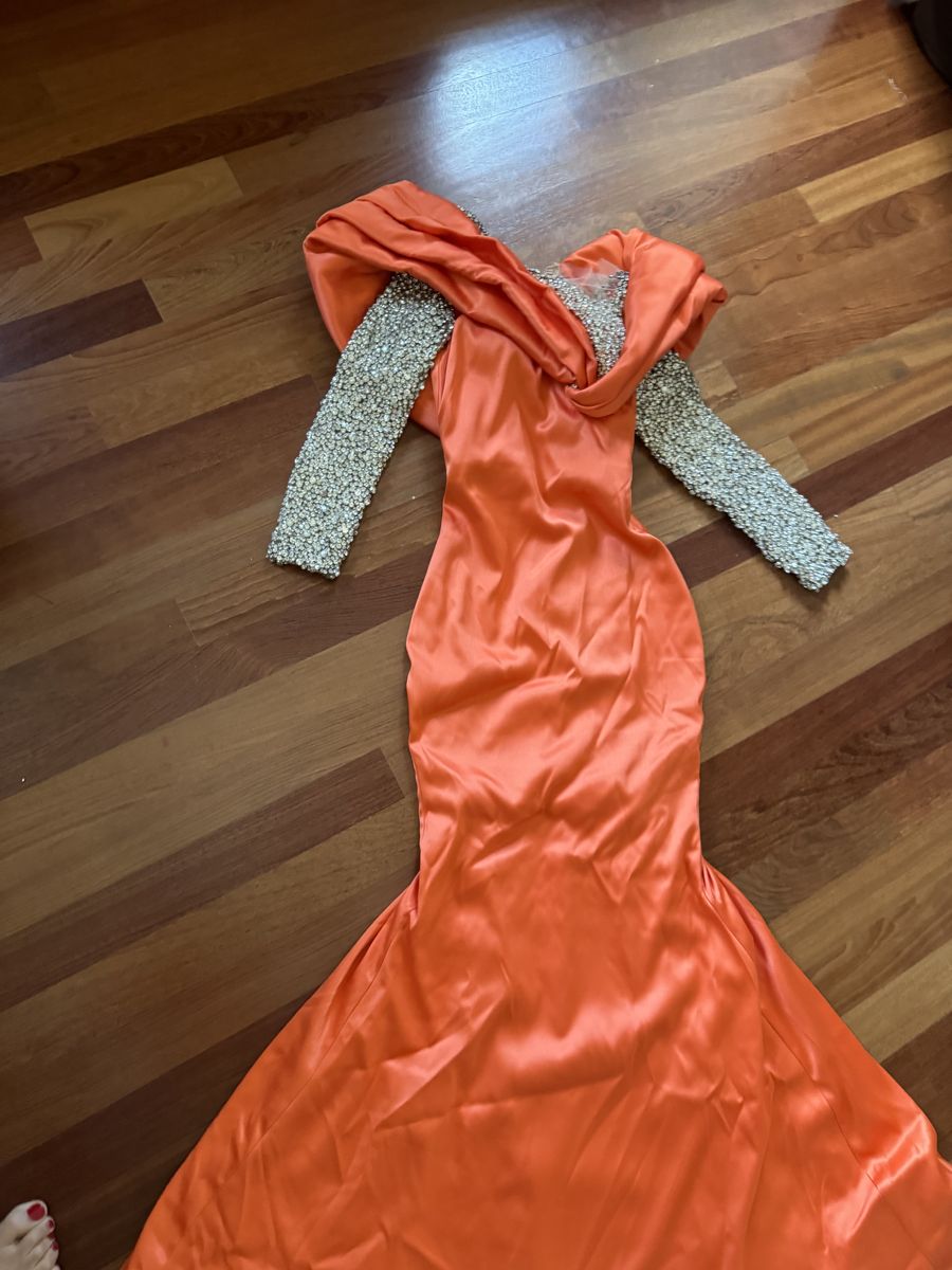 Valdrin Sahiti Size 4 Prom Long Sleeve Sequined Orange Mermaid Dress on Queenly