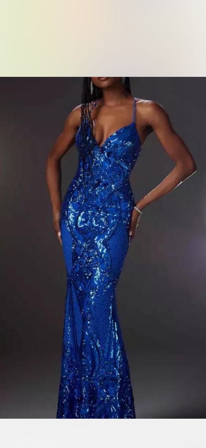 Style 43032 MoriLee Size 4 Prom Plunge Blue Side Slit Dress on Queenly