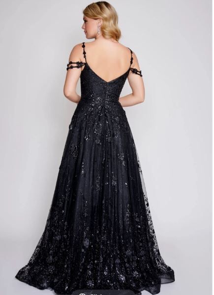 Style 4305 Nina Canacci Size 10 Prom Off The Shoulder Sheer Black A-line Dress on Queenly