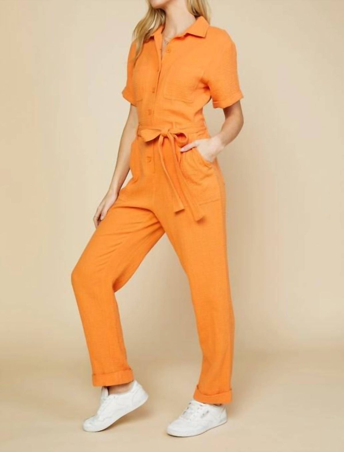 Style 1-3800299081-74 SKIES ARE BLUE Size S High Neck Orange Formal Jumpsuit on Queenly