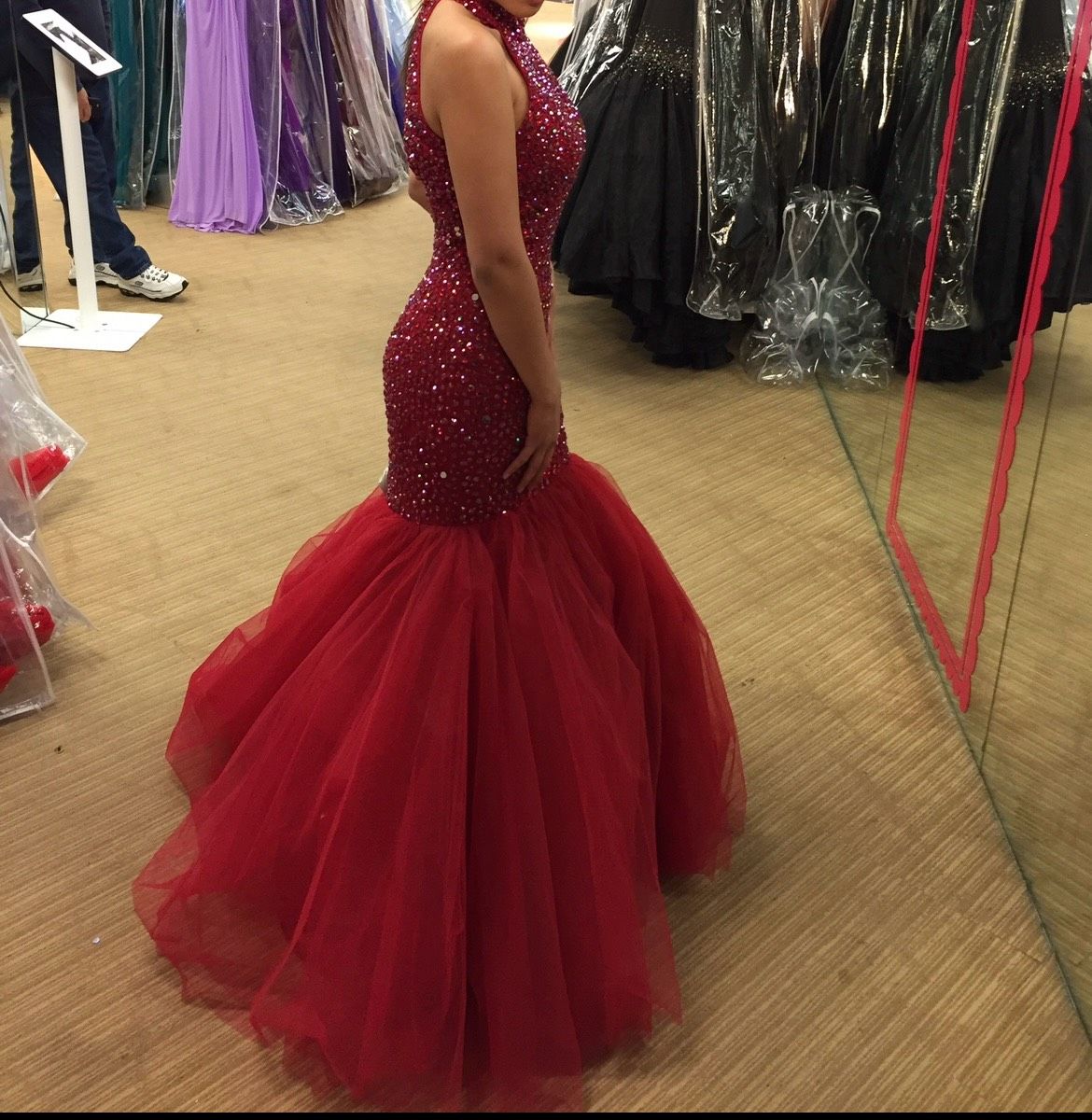 Style 11323 Sherri Hill Size 6 Prom High Neck Sequined Red Mermaid Dress on Queenly