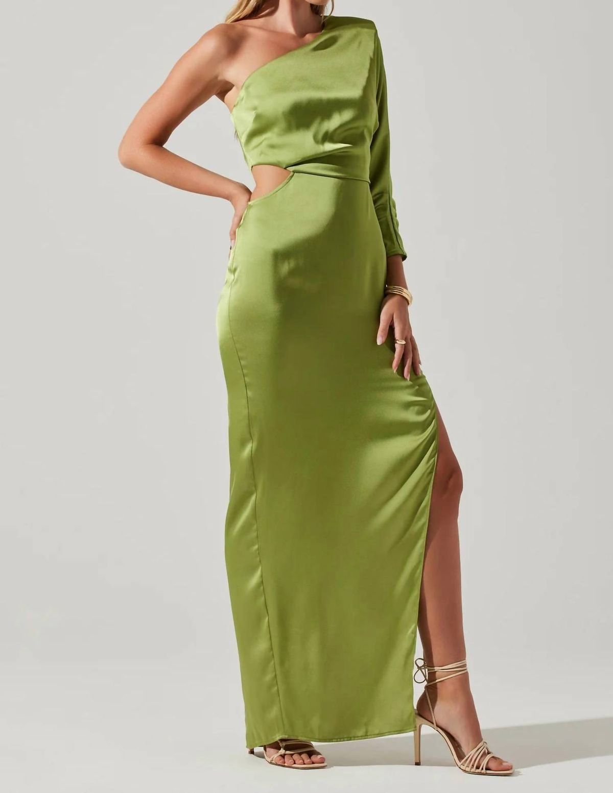 Style 1-3805059037-149 ASTR Size L Long Sleeve Green Side Slit Dress on Queenly