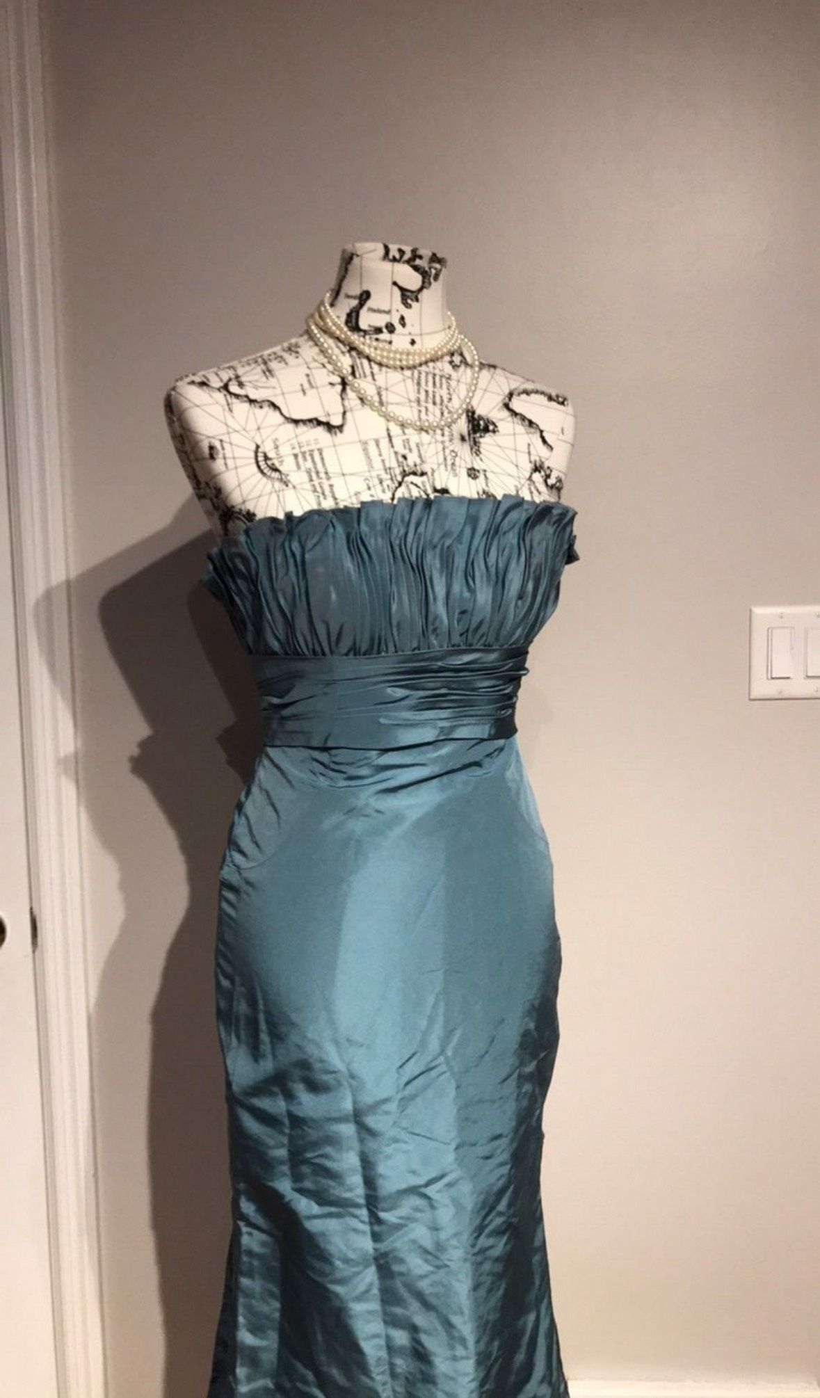 Priscila of Boston Size 4 Prom Strapless Satin Turquoise Blue Mermaid Dress on Queenly