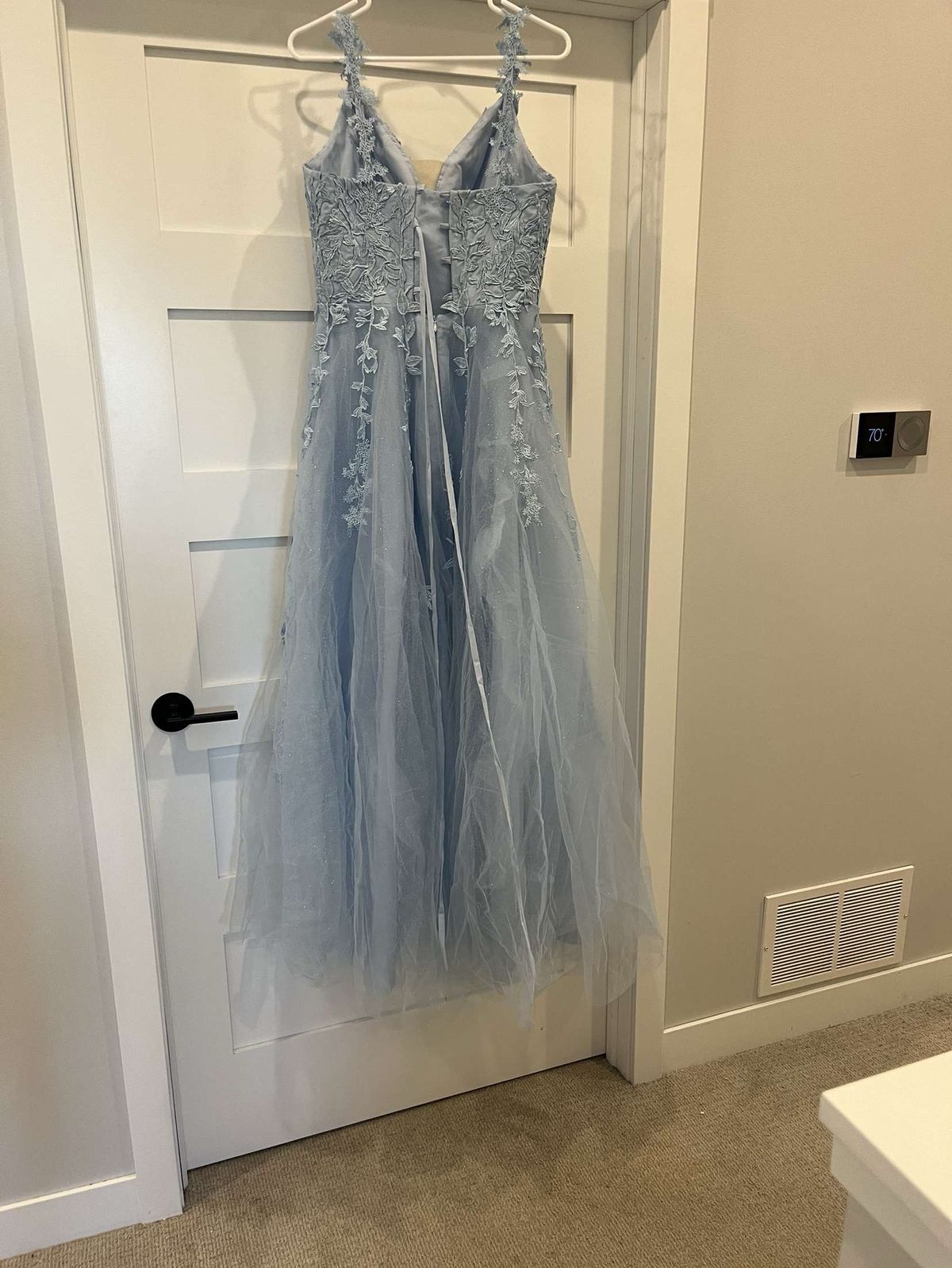 Size 10 Prom Strapless Lace Light Blue Ball Gown on Queenly