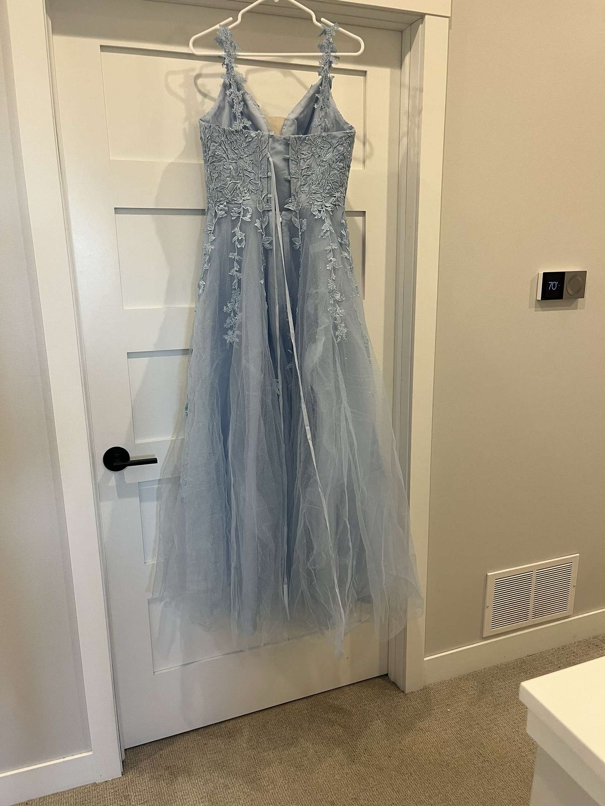 Size 10 Prom Strapless Lace Light Blue Ball Gown on Queenly