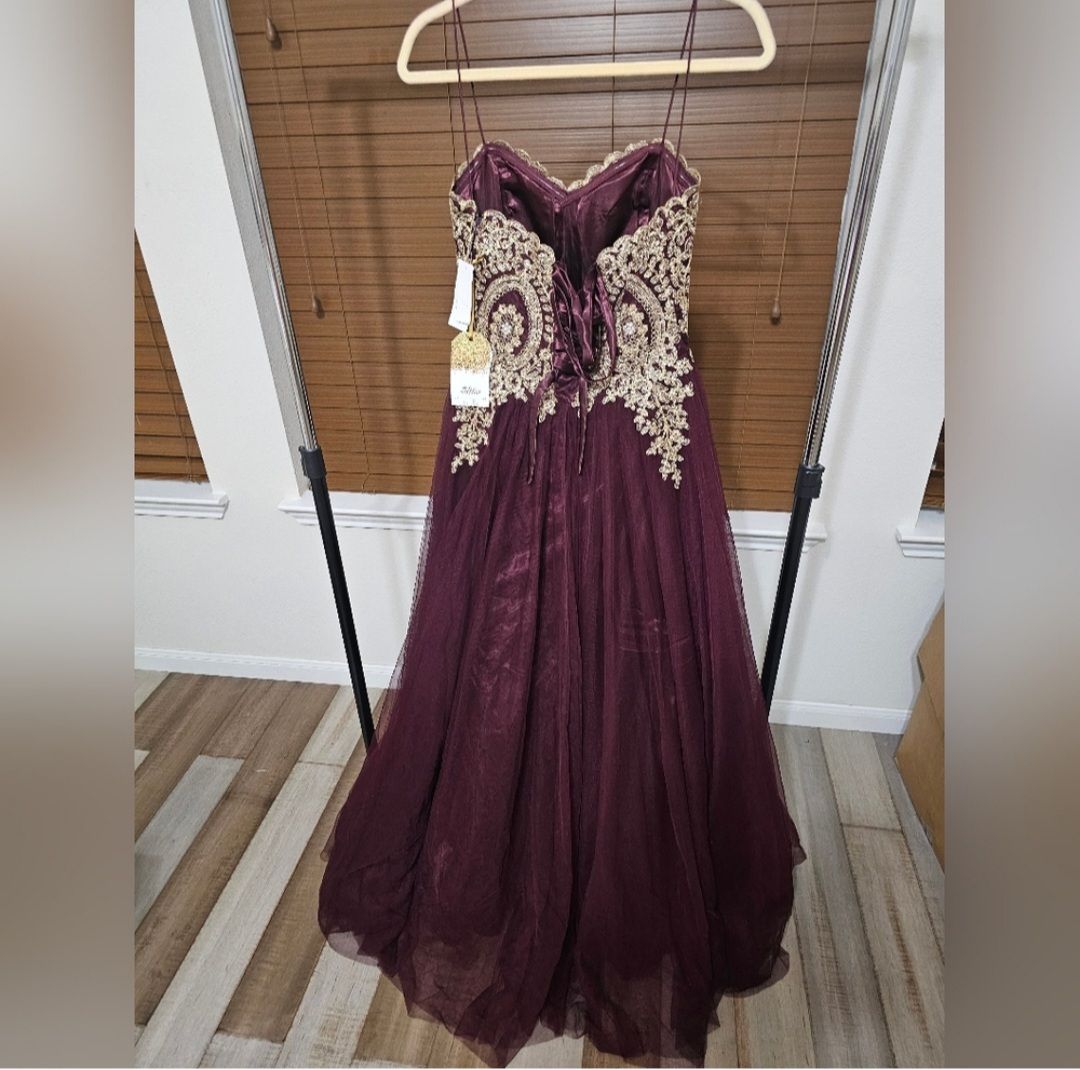 say yes to the prom Size 10 Prom Strapless Burgundy Gold Dress With Train on Queenly