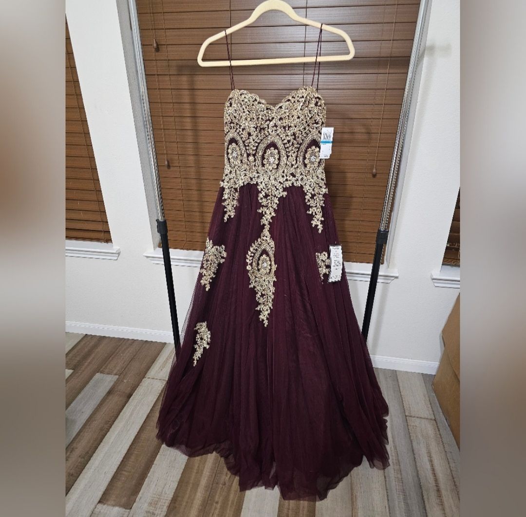 say yes to the prom Size 10 Prom Strapless Burgundy Gold Dress With Train on Queenly