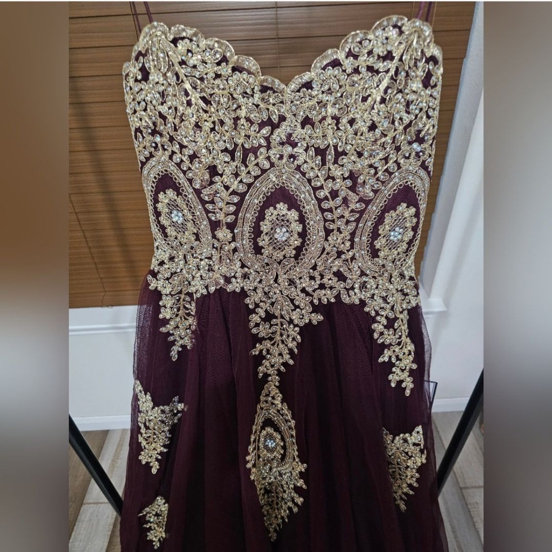 say yes to the prom Size 10 Prom Strapless Burgundy Gold Dress With Train on Queenly