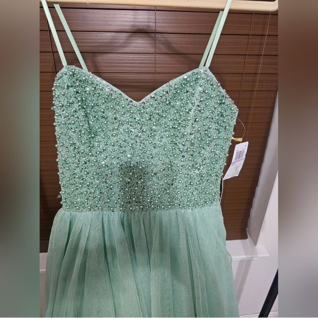 say yes to the prom Size 12 Prom Strapless Sheer Green Dress With Train on Queenly