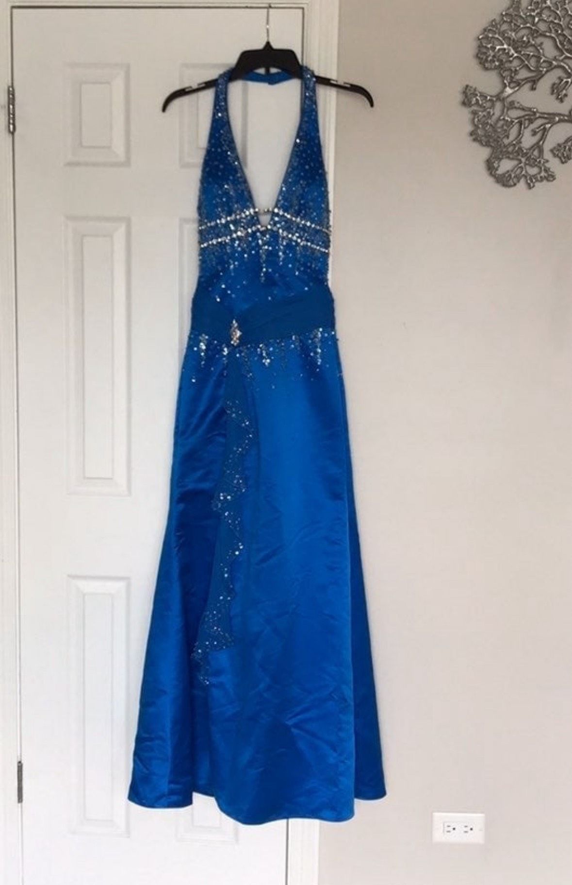 Size XS Prom Halter Sequined Royal Blue Side Slit Dress on Queenly