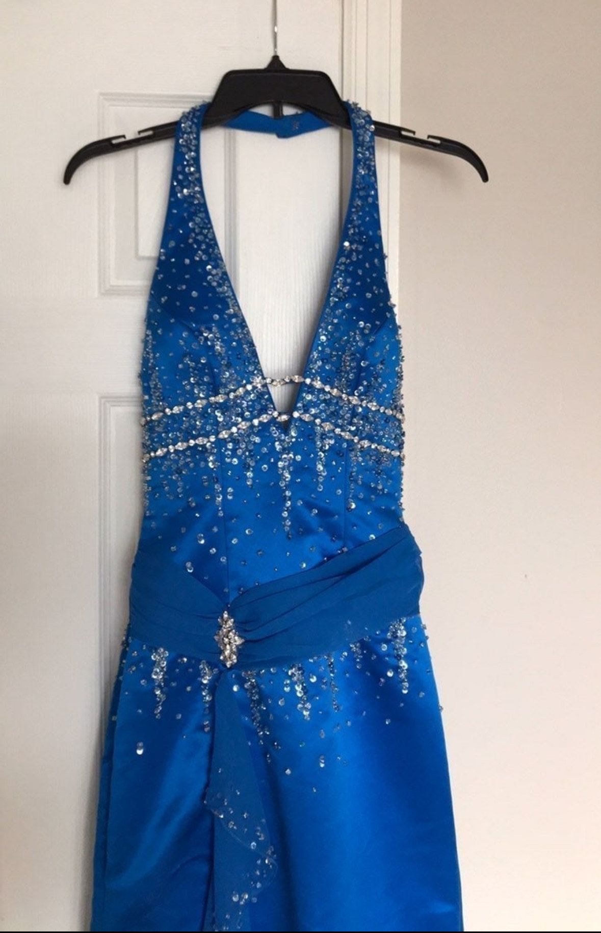 Size XS Prom Halter Sequined Royal Blue Side Slit Dress on Queenly