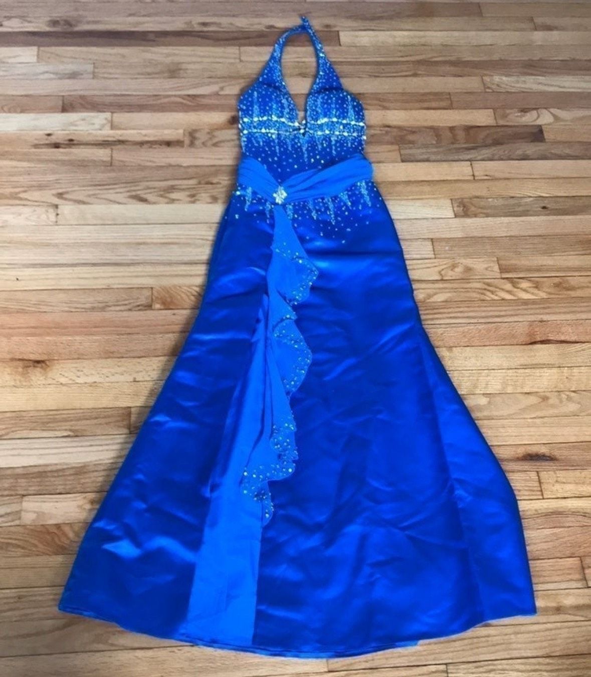 Size XS Prom Halter Sequined Royal Blue Side Slit Dress on Queenly