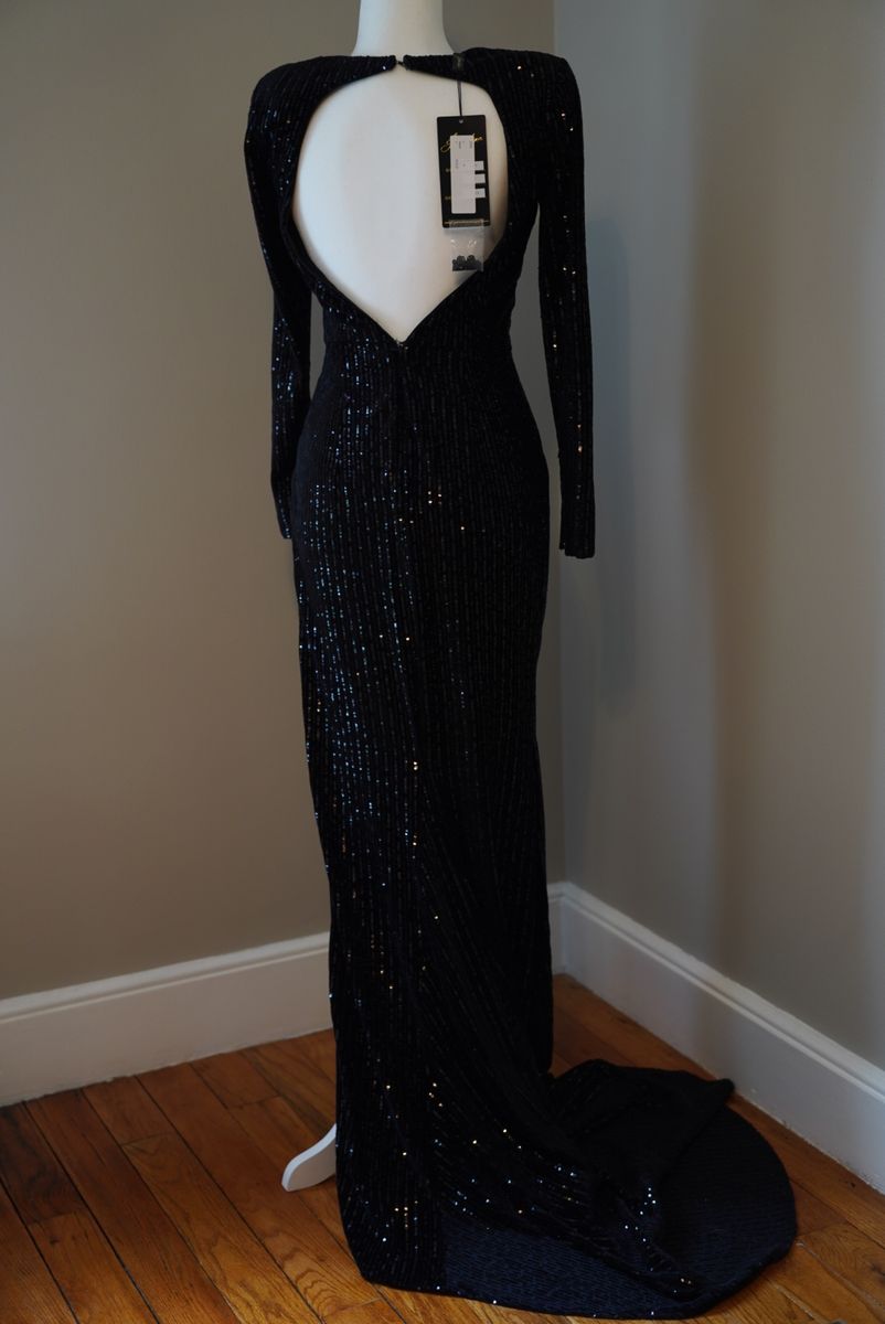 Johnathan Kayne Size 4 Prom Long Sleeve Velvet Black Side Slit Dress on Queenly