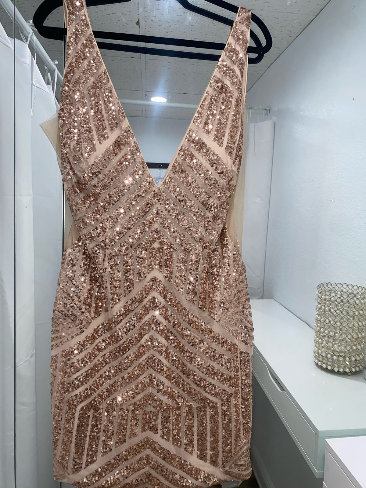 Style 63899 Rosegold Jovani Plus Size 20 Nightclub Halter Nude Cocktail Dress on Queenly