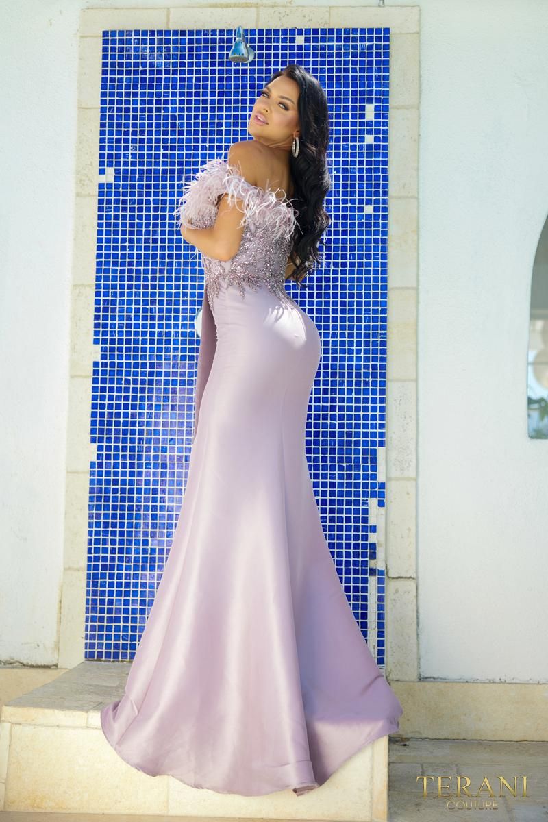 Style 241E2490 Terani Couture Size 10 Pageant Satin Purple Side Slit Dress on Queenly