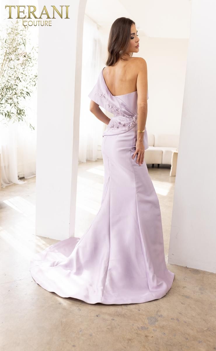Style 241E2468 Terani Couture Size 10 Pageant Satin Purple Side Slit Dress on Queenly