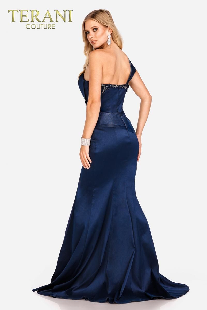 Style 231E0253 Terani Couture Plus Size 20 Pageant Navy Blue Side Slit Dress on Queenly