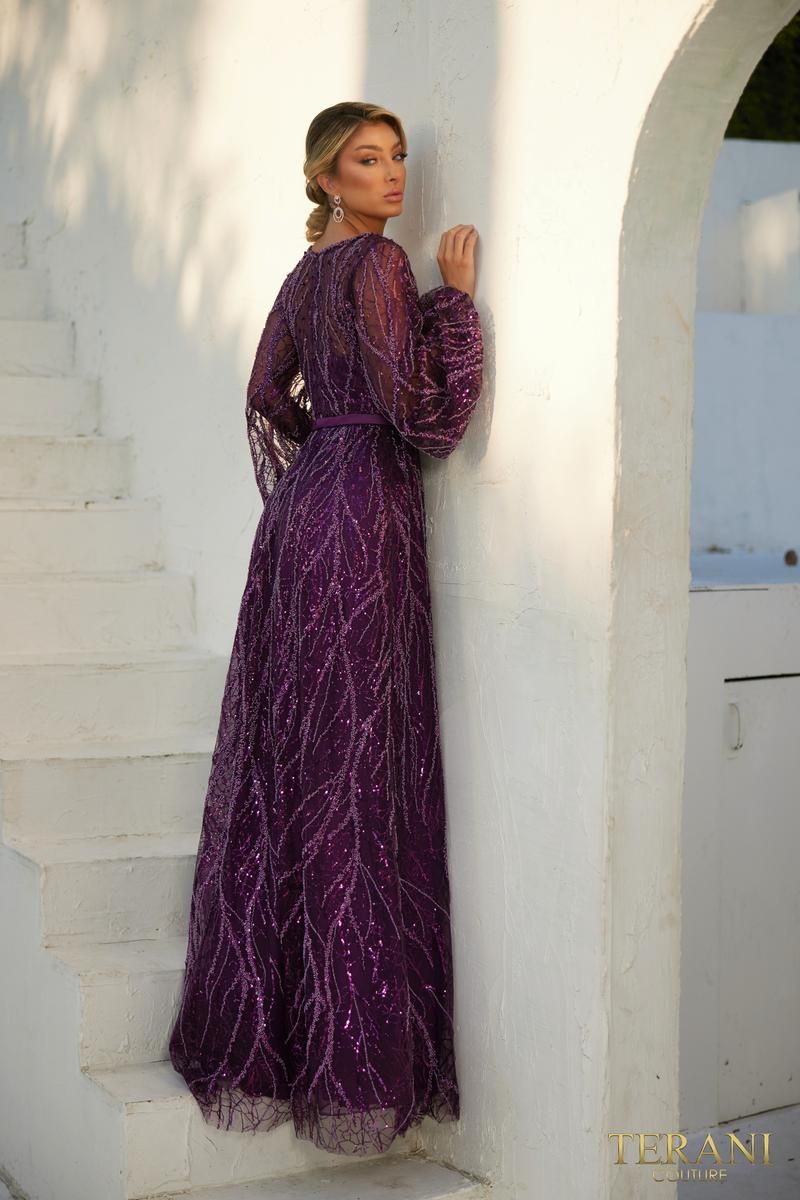Style 241M2739 Terani Couture Plus Size 16 Pageant Lace Purple Floor Length Maxi on Queenly