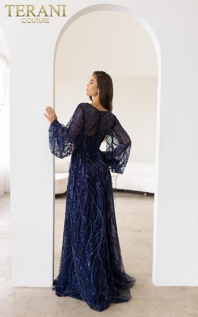 Style 241M2739 Terani Couture Plus Size 22 Pageant Lace Navy Blue Floor Length Maxi on Queenly