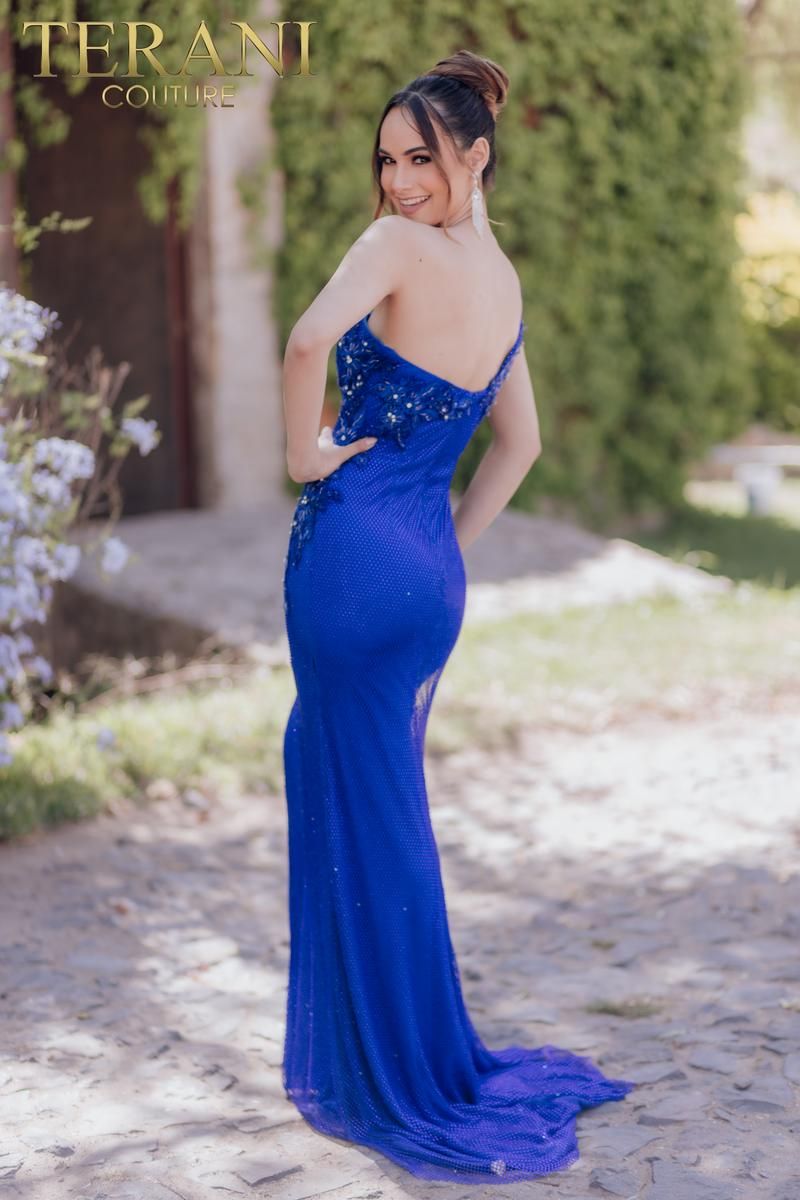 Style 232GL1470 Terani Couture Size 10 Pageant Royal Blue Side Slit Dress on Queenly
