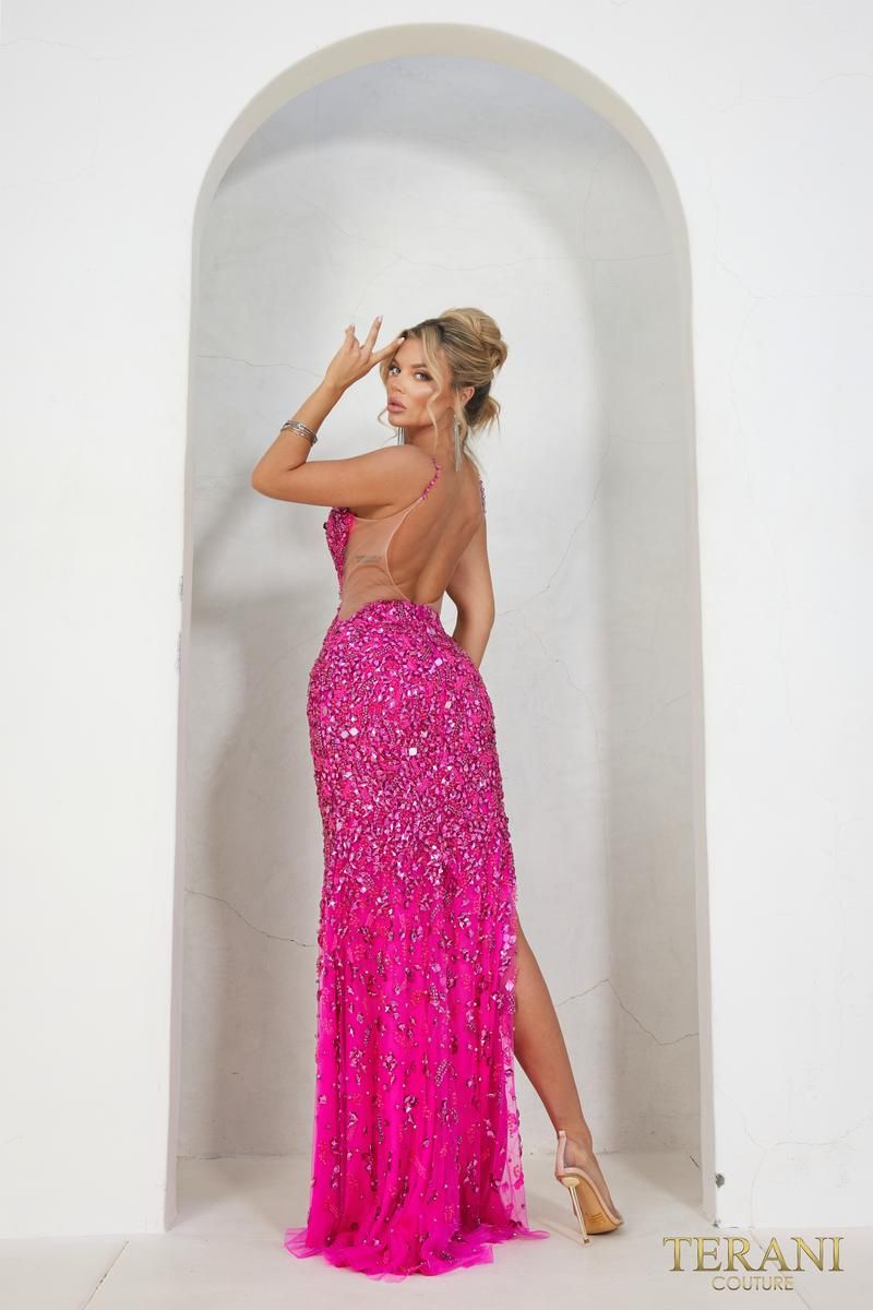 Style 241P2163 Terani Couture Size 10 Prom Hot Pink Side Slit Dress on Queenly