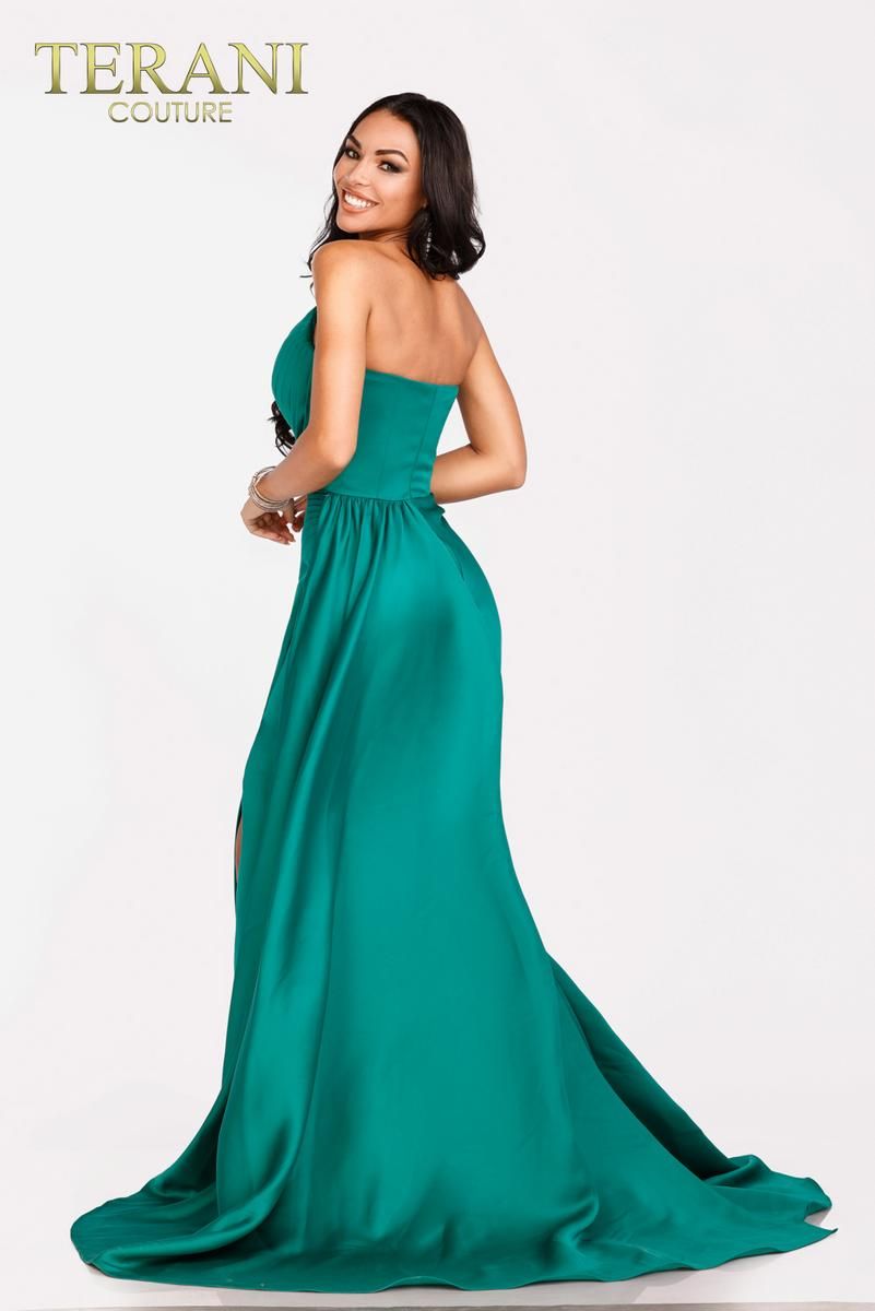 Style 231P0062 Terani Couture Size 12 Prom Emerald Green Side Slit Dress on Queenly