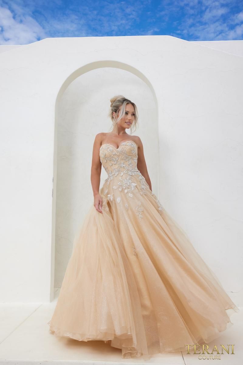 Style 241P2216 Terani Couture Size 12 Prom Gold Ball Gown on Queenly