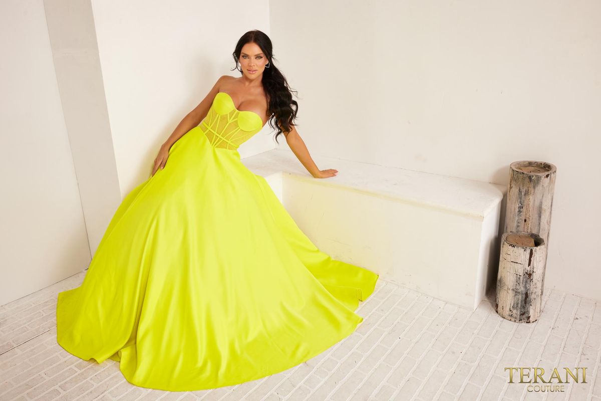 Style 241P2046 Terani Couture Size 10 Prom Yellow Ball Gown on Queenly