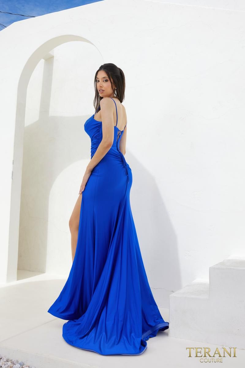 Style 241P2291 Terani Couture Size 12 Prom Royal Blue Side Slit Dress on Queenly