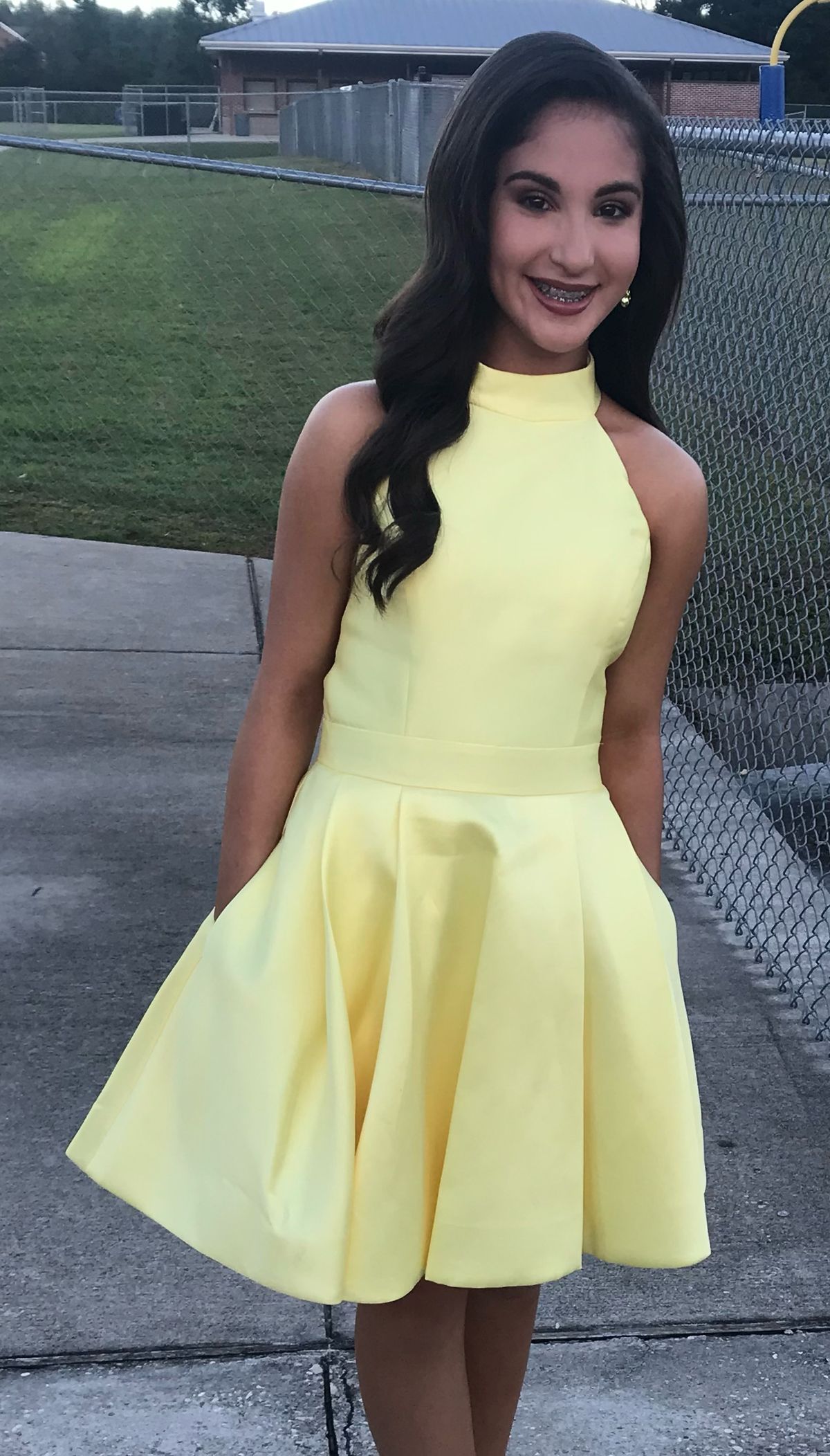 Sherri Hill Size 0 High Neck Yellow Cocktail Dress on Queenly