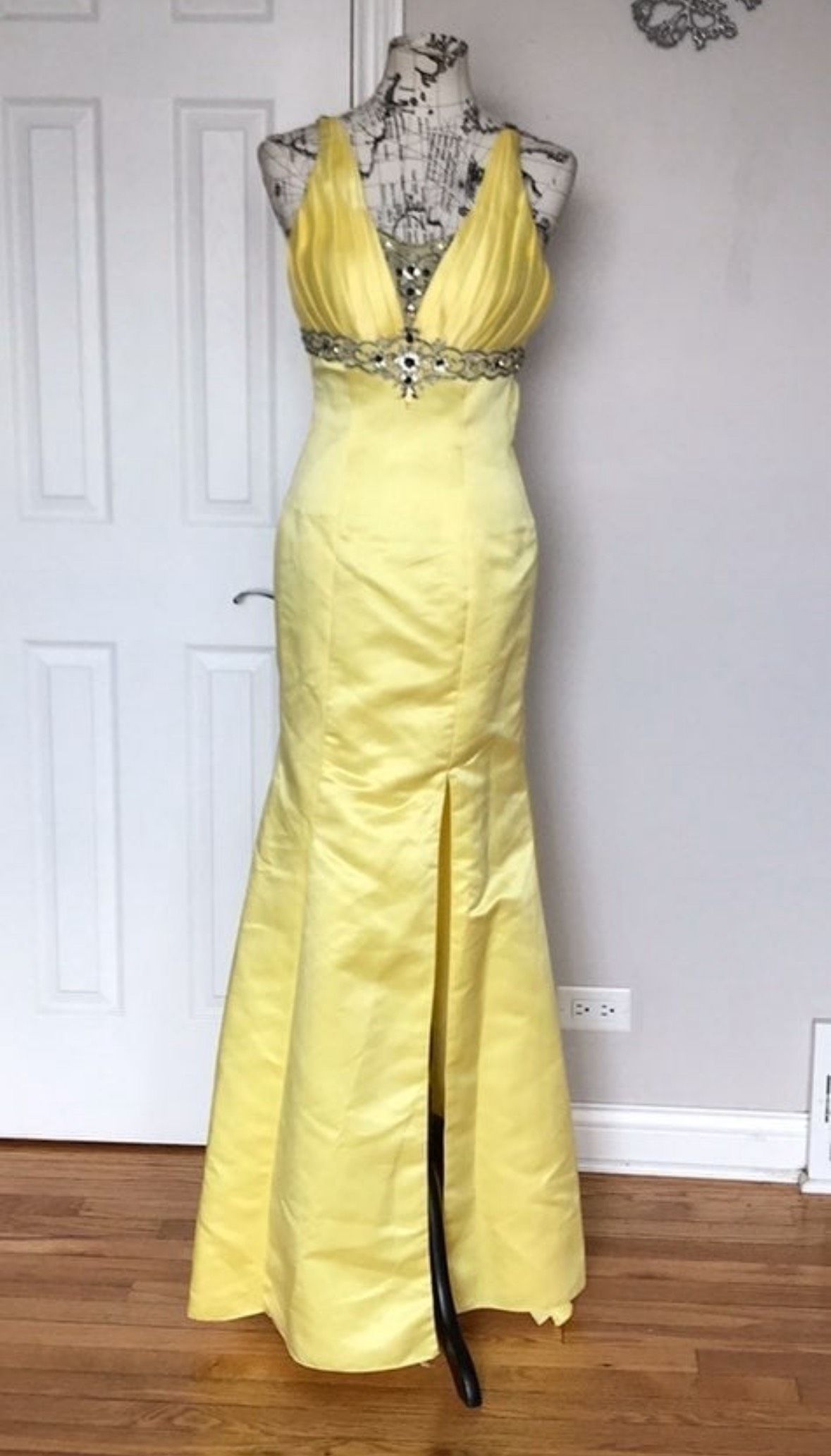 Fire & Ice Size XS Prom Halter Sequined Yellow Side Slit Dress on Queenly