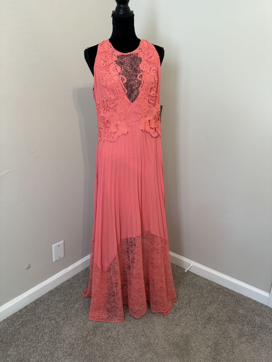 Boston Proper Size 12 Prom High Neck Lace Pink A-line Dress on Queenly