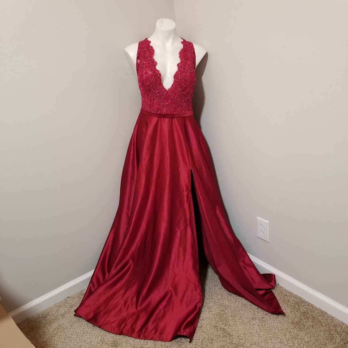 JJs House Size 12 Plunge Lace Red A-line Dress on Queenly