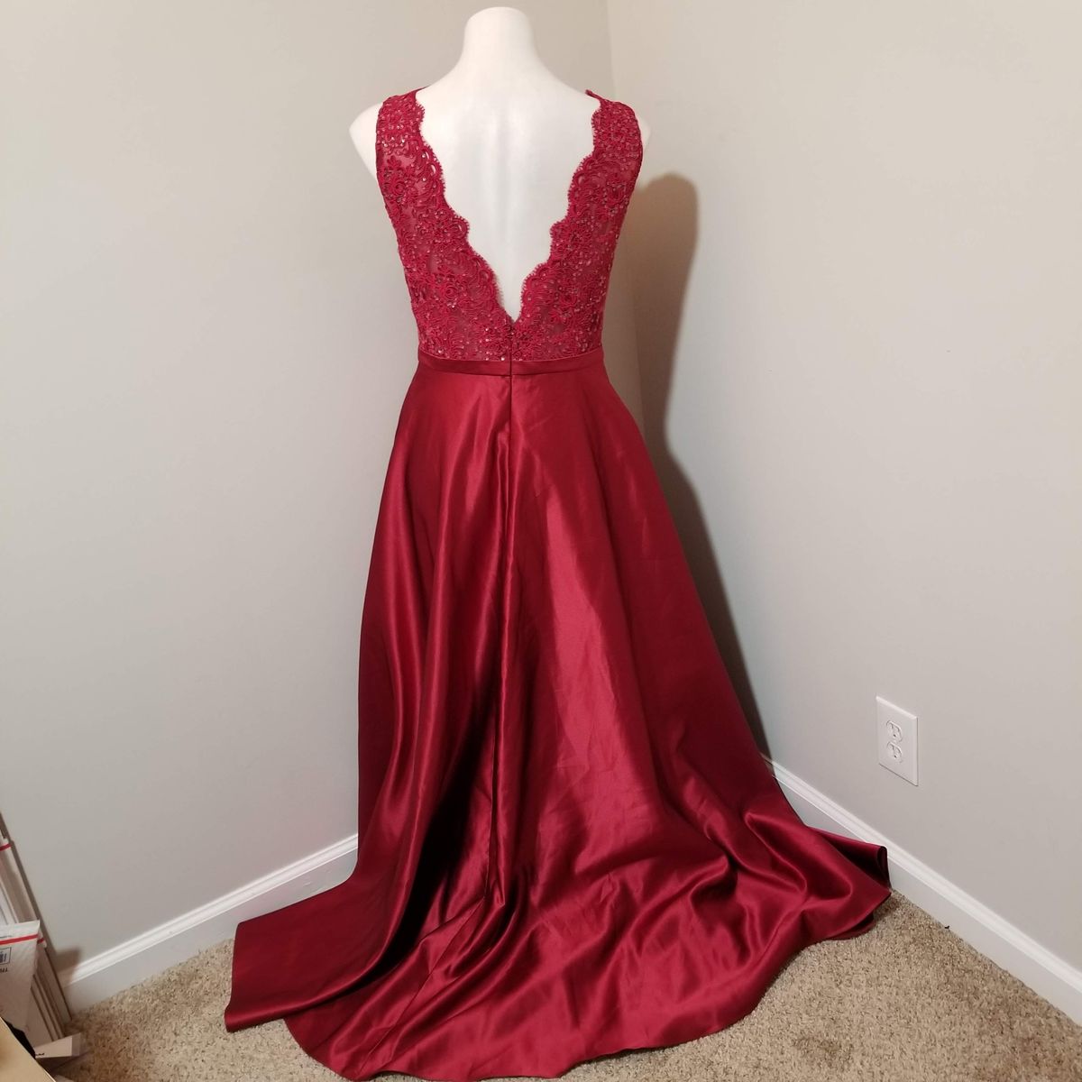 JJs House Size 12 Plunge Lace Red A-line Dress on Queenly