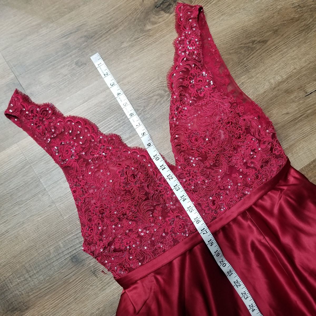 JJs House Size 12 Plunge Lace Red A-line Dress on Queenly