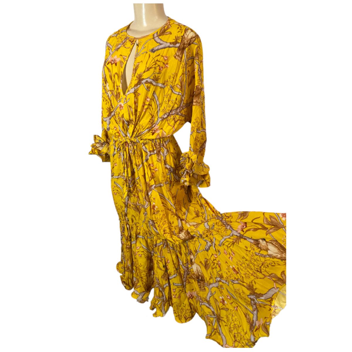 Johanna Ortiz Size M Long Sleeve Floral Yellow A-line Dress on Queenly