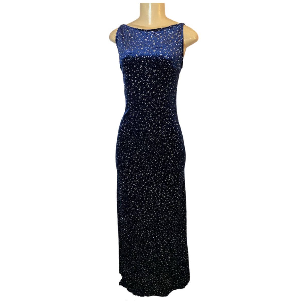 Nadine Size 6 High Neck Velvet Blue Floor Length Maxi on Queenly