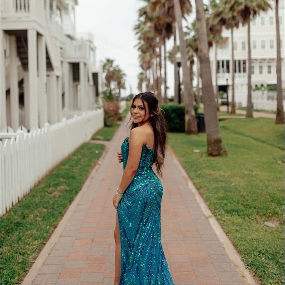 Style 11236 Ashley Lauren Size 4 Prom Plunge Blue Side Slit Dress on Queenly