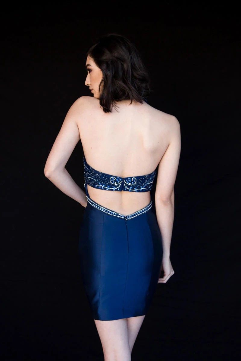 Style 6136 Vienna Size 8 Prom Halter Satin Blue Cocktail Dress on Queenly