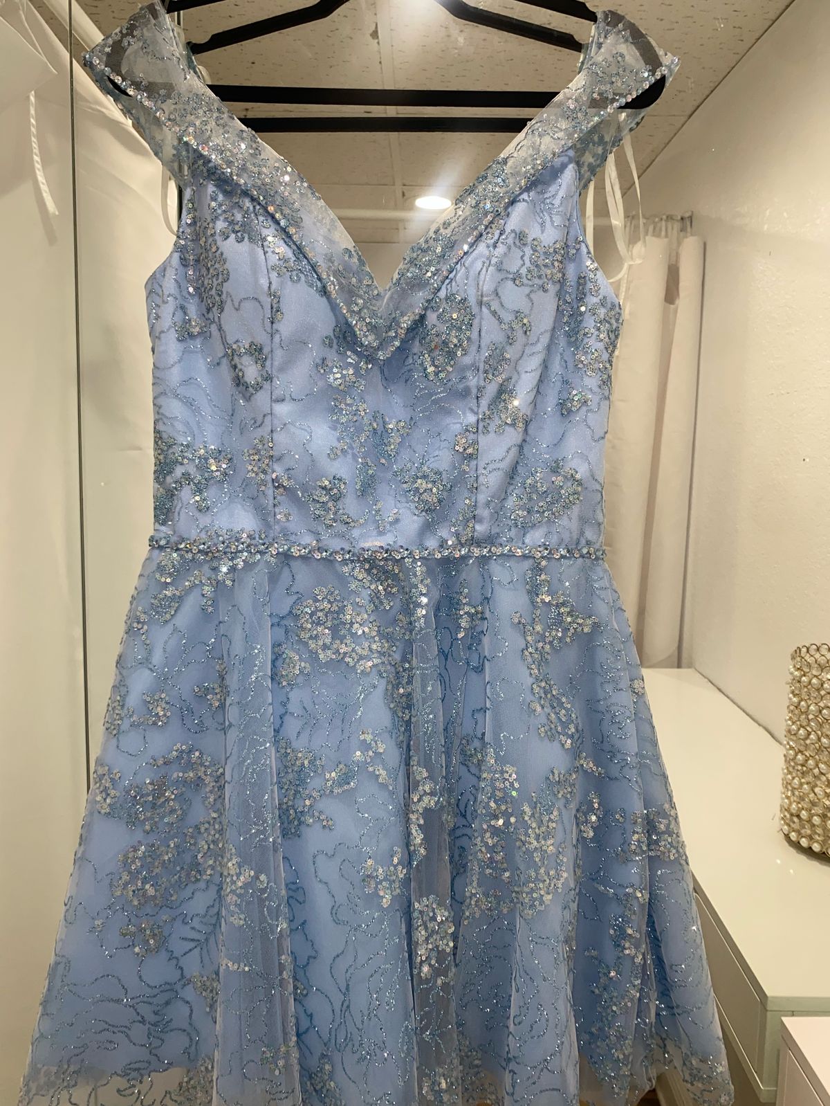 Style 9587 blue MoriLee Size 12 Prom Off The Shoulder Blue Cocktail Dress on Queenly