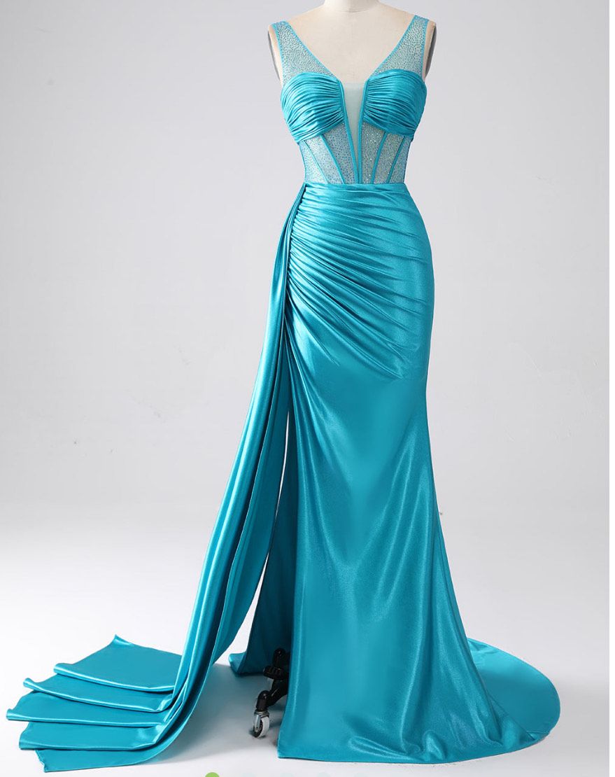 Size 2 Prom Plunge Turquoise Blue Side Slit Dress on Queenly