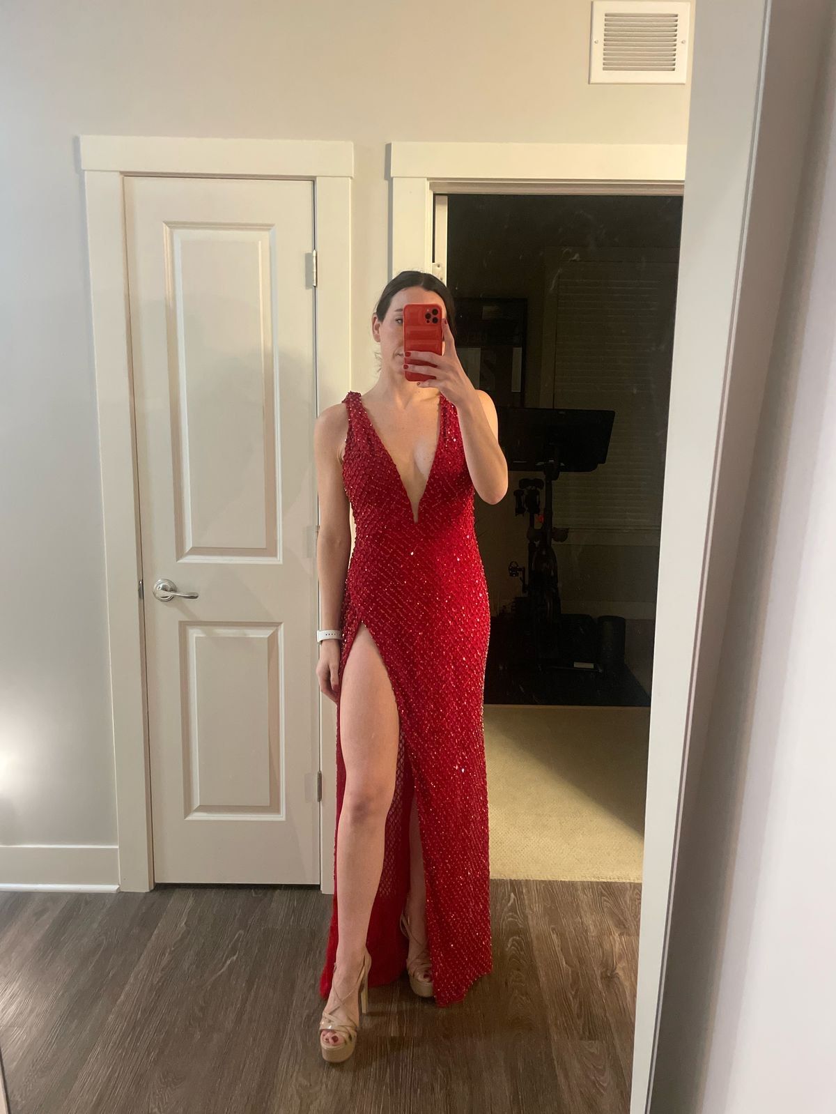 Sherri Hill Size 6 Prom Plunge Sequined Red Side Slit Dress on Queenly